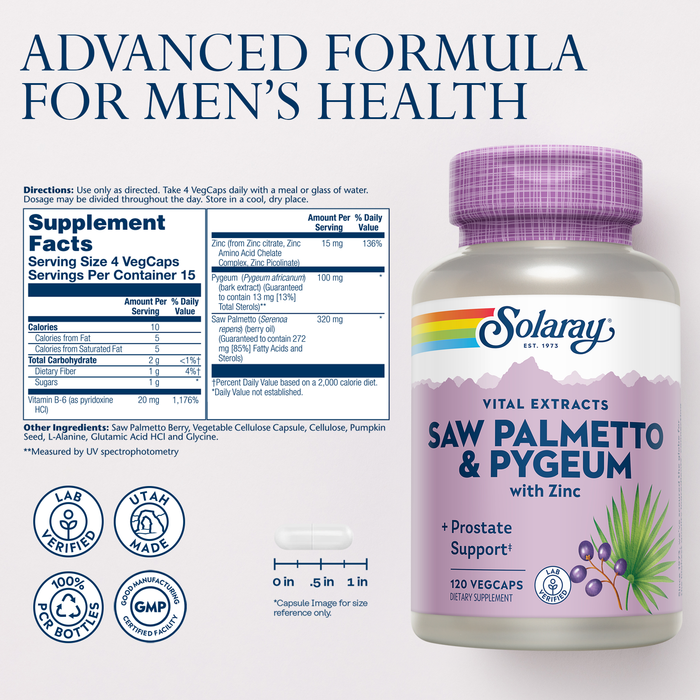 SOLARAY Saw Palmetto and Pygeum - Saw Palmetto for Men and Pygeum Bark - With Zinc, Vitamin B6, Pumpkin Seed and Amino Acids - Prostate Supplements for Men w/ Beta Sitosterol