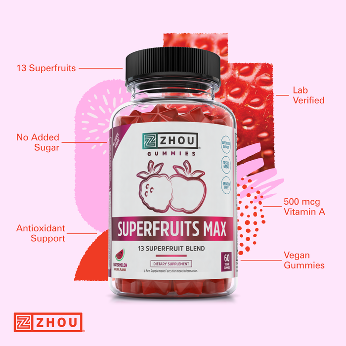 Zhou Nutrition Superfruit Multivitamin Gummies, 13 Natural Superfruits, Rich in Vitamin A, C, E, Zinc Gummies, Superfood Supplement, Immunity, Digestion & Energy, No Added Sugar, 60 Vegan Gummies