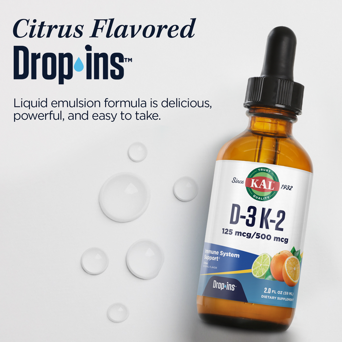 KAL D3 K2 DropIns 125 mcg / 500 mcg Liquid Vitamin D3 K2 Drops, Bone Health, Heart Health and Immune Support Supplement, Natural Citrus Flavor, 60-Day Money Back Guarantee, Approx. 59 Serv, 2 FL OZ