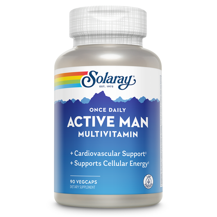 Solaray Once Daily Active Man Multivitamin & Mineral, Multivitamin for Cardiovascular, Support, Energy & Focus, Digestive Enzyme Blend, Amino Acids and Whole Food Base, 90 Servings, 90 VegCaps