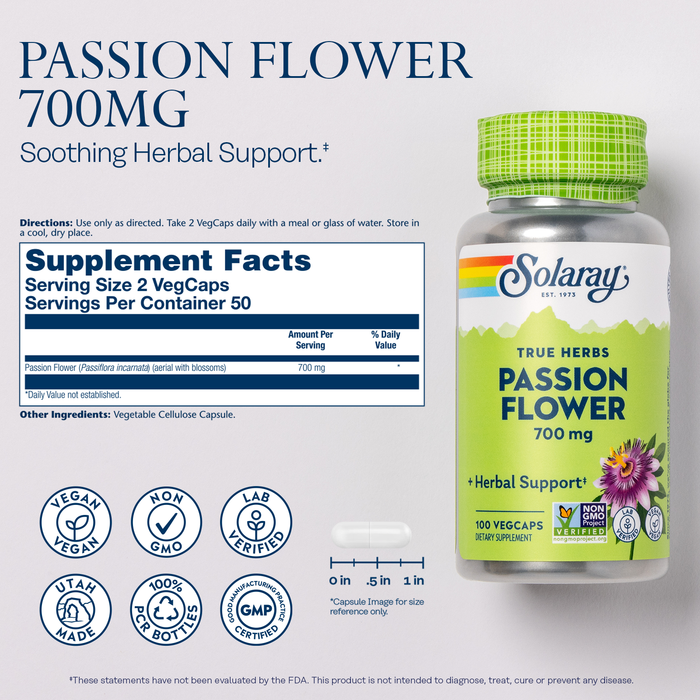 SOLARAY Passion Flower 700 mg Whole Aerial - Soothing Herbal Support - Passion Flower Capsules - Vegan, Non-GMO, 60-Day Guarantee, Lab Verified - 50 Servings, 100 VegCaps