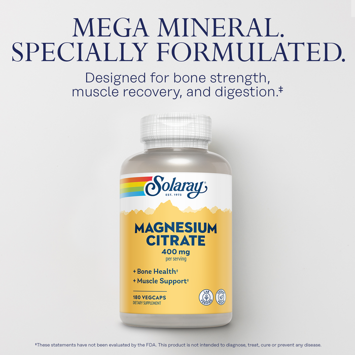 Solaray Magnesium Citrate 400mg - Bone Strength, Muscle Recovery, and Digestion Support - Herbal Base - Vegan, Lab Verified, 60-Day Money-Back Guarantee - 60 Servings, 180 VegCaps