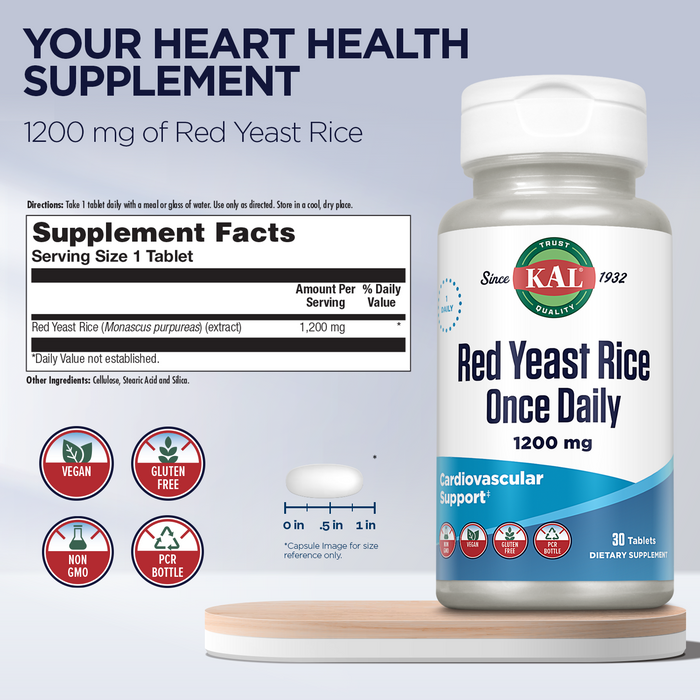 KAL Red Yeast Rice Once Daily 1200mg. Capsules With Unsaturated Fatty Acids, Amino Acids & Phytonutrients Rapid Disintegration, 60 Count