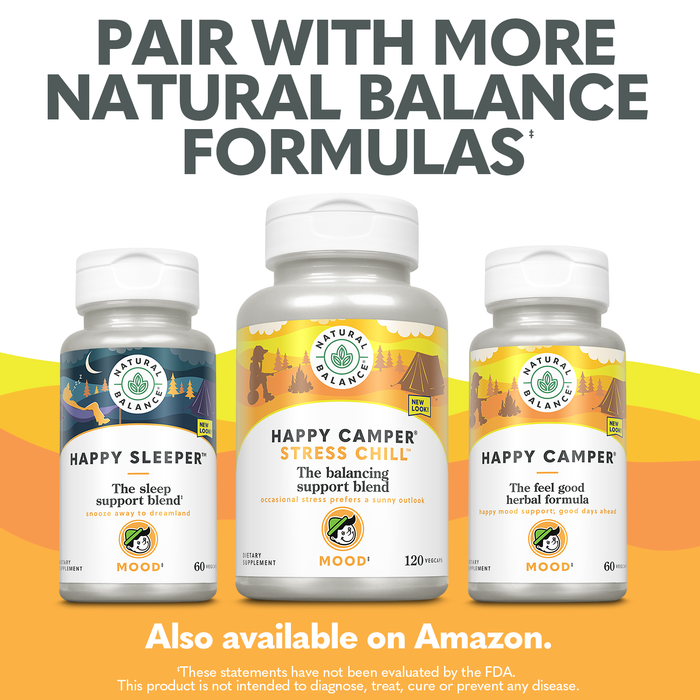 Natural Balance Happy Camper - Feel-Good Mood Support Supplement - Gotu Kola, Passion Flower, and Kava Kava Capsules - 60-Day Guarantee (30 Servings, 60 VegCaps)