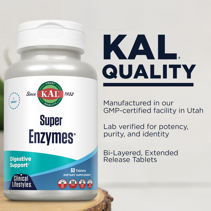 KAL Super Enzymes - Digestive Enzymes Tablets - Gut Health Supplements with Betaine HCl, Bromelain, Papaya Enzyme, Peppermint and Ginger, Gluten Free, Vegan, 60-Day Guarantee, 60 Servings, 60 Tablets