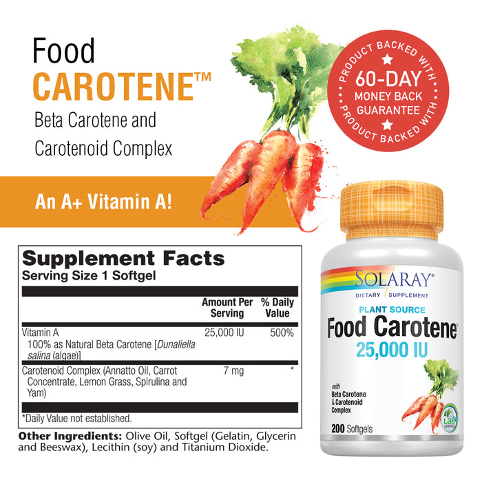 Solaray Food Carotene, Vitamin A as Beta Carotene 25000IU Carotenoids for Healthy Skin & Eyes, Antioxidant Activity & Immune System Support (076280041217) (200 CT)