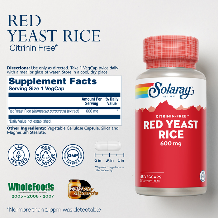 Solaray Red Yeast Rice, Healthy Heart Support, Citrinin-Free, 60 Day Money-Back Guarantee, 45 Servings, 45 VegCaps