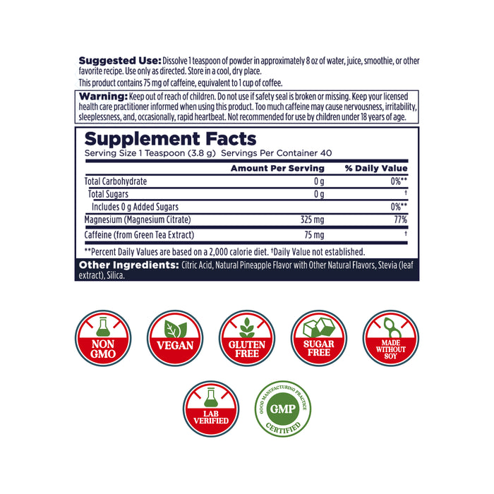 KAL Energy Magnesium Powder Drink, Pineapple Flavor Magnesium Citrate Powder, Energy Support with Green Tea Caffeine, Sugar Free, 40 Servings