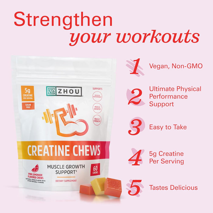 Zhou Nutrition Creatine Monohydrate Chewables 5g for Men & Women, Sugar Free, Organic, Non GMO, Pink Lemonade, 60 Creatine Gummies