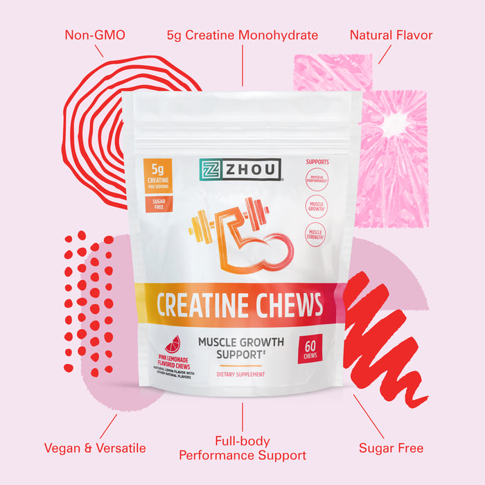 Zhou Nutrition Creatine Monohydrate Chewables 5g for Men & Women, Sugar Free, Organic, Non GMO, Pink Lemonade, 60 Creatine Gummies