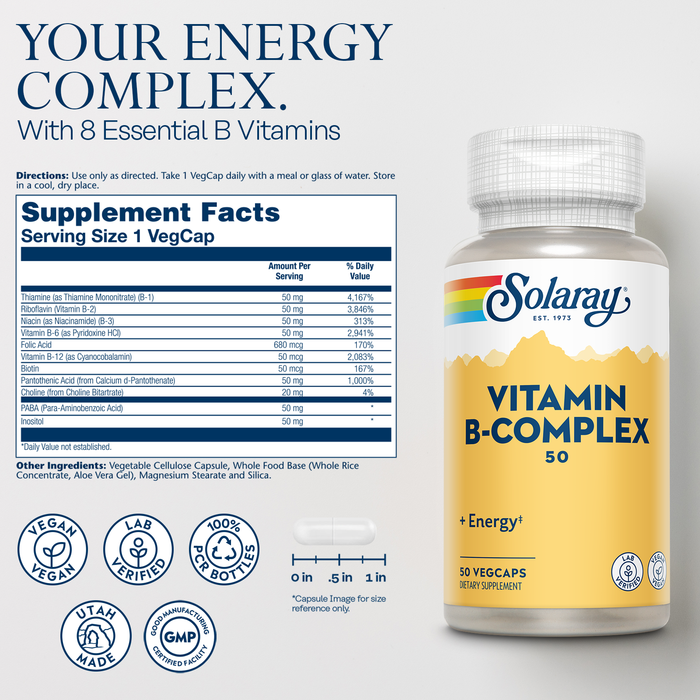 SOLARAY Vitamin B Complex 50 mg - Cellular Energy Vitamins - Metabolism and Nerve Health Support with Vitamin B12, Vitamin B1, B6, Niacin, Folic Acid, Biotin and Other B Vitamins - Vegan, 50 VegCaps