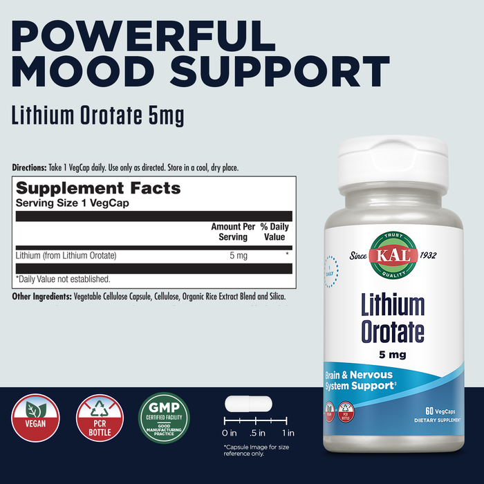 KAL Lithium Orotate 5mg, Low Dose Lithium Supplement for Brain, Nervous System and Mood Support, Chelated and Highly Bioavailable, Vegan, Organic Rice Extract Blend