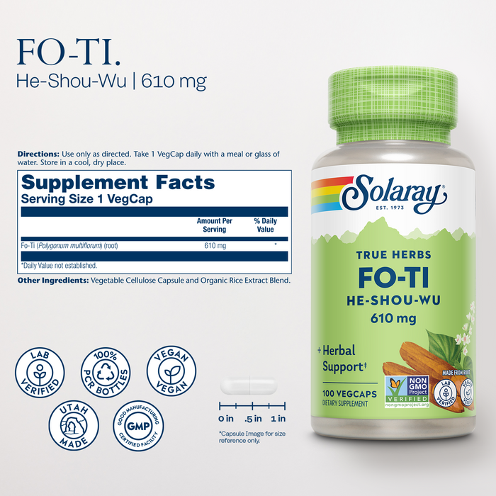 Solaray Fo-Ti 610 mg - Herbal Support for Aging, Longevity, and Hair, Skin & Nails - Vegan - 60-Day Money-Back Guarantee - 100 Servings, 100 VegCaps