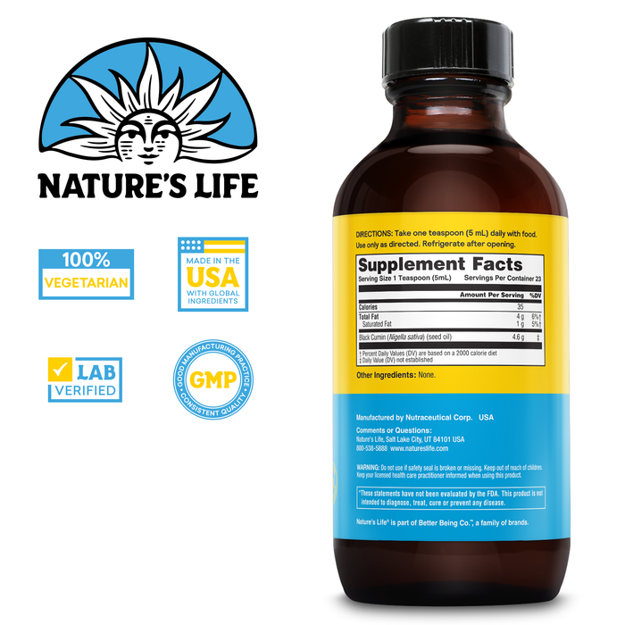 Nature’s Life Black Seed Oil, Cold-Pressed Black Cumin Seed Oil - Joint, Digestive Health, and Immune Support - Lab Verified, 60-Day Money-Back Guarantee - 23 Servings, 4 Fl. Oz.