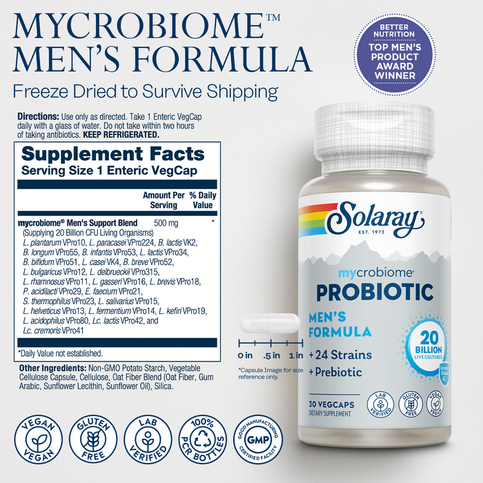 Solaray Mycrobiome Probiotic Mens Formula, Probiotics for Men, Gut Health, Digestion, Immune Function & More, 20 Billion CFU Mens Probiotic, 24 Strains Plus Prebiotic, 30 Servings, 30 VegCaps