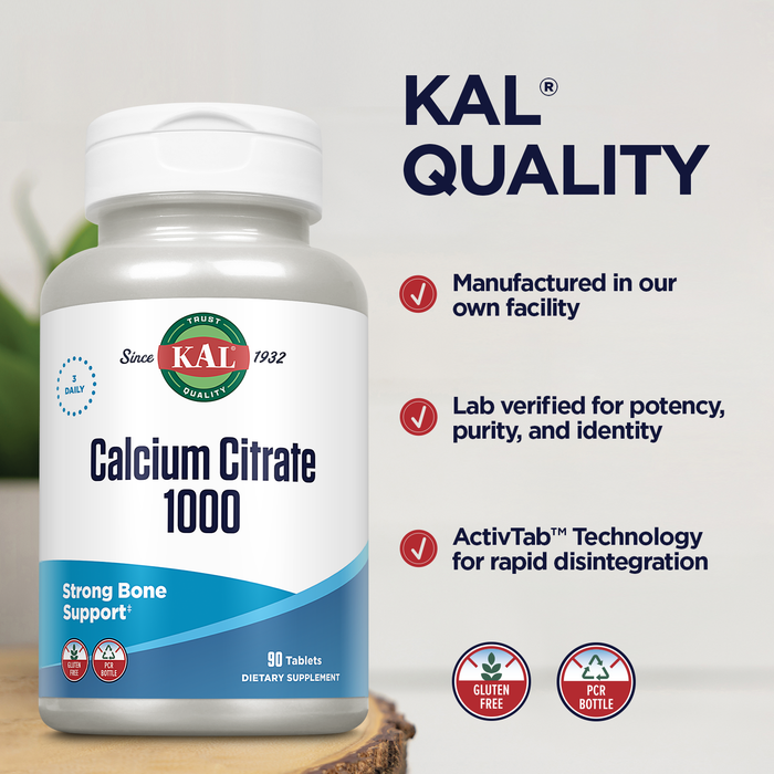 KAL Calcium Citrate 1000mg, Calcium Supplements for Women and Men, Bone Health, Teeth, Nervous, Muscular & Cardiovascular System Support, Gluten Free and Lab Verified, 60 Servings, 180 Tablets (90 CT)