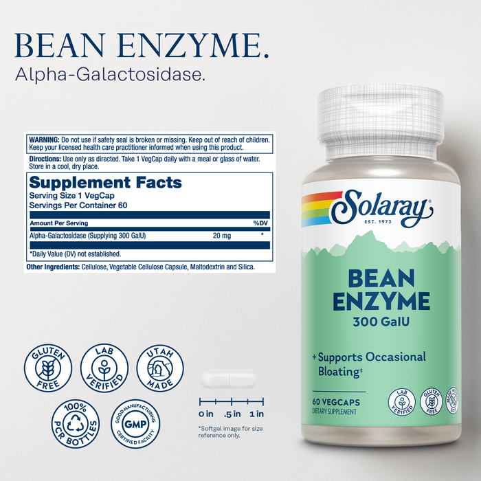 SOLARAY Bean Enzyme 300 GalU - Alpha Galactosidase Digestive Enzymes for Women and Men - Digestive Health Supplement - Supports Occasional Bloating and Gas Relief for Adults - 60 Servings, 60 VegCaps