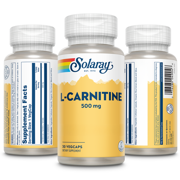 Solaray L-Carnitine 500 mg, Free Form Amino Acid, Lab Verified, GMP Facility, 60-Day Money-Back Guarantee, 30 Servings, 30 VegCaps