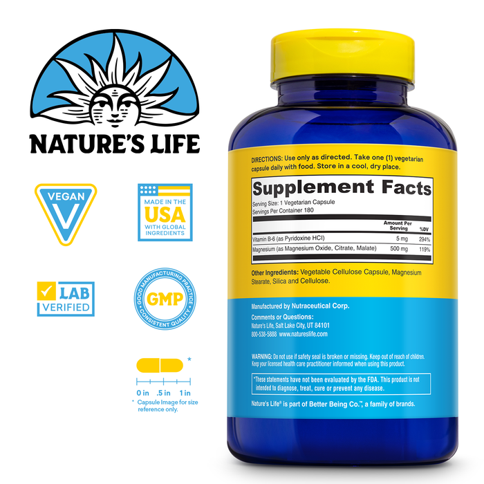 Natures Life Renewing Magnesium 500 mg - Magnesium Citrate, Magnesium Malate, Magnesium Oxide Plus Vitamin B-6 - Muscles and Nerves Support - Lab Verified (180 Servings, 180 VegCaps)