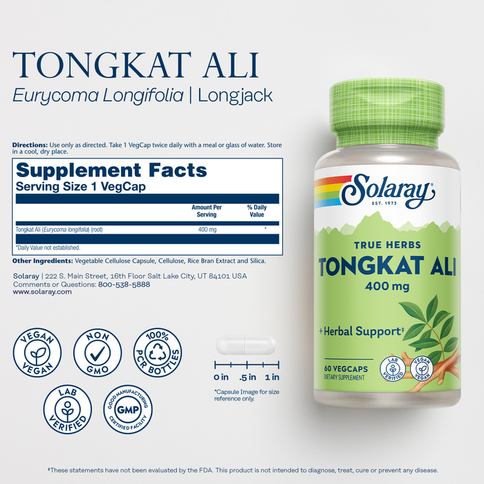 SOLARAY Tongkat Ali 400 mg - Longjack Tongkat Ali for Men - Herbal Support for Men's Health and Vitality - Vegan, Non-GMO, 60 Day Guarantee, Lab Verified - 60 Servings, 60 VegCaps