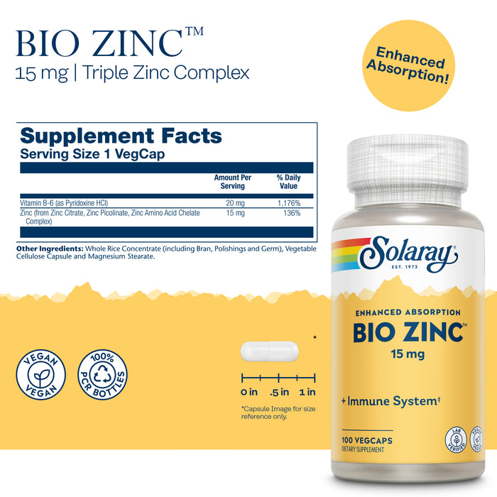 Solaray Bio Zinc 15 mg | Triple Zinc Complex for Healthy Immune System, Endocrine & Cell Function Support | 100 VegCaps