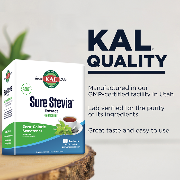 KAL Sure Stevia Plus Monk Fruit Sweetener - Great Tasting, Zero Calorie Sugar Free Sweetener - Low Glycemic, Perfect for a Keto Diet or Low Carb Diet, 60-Day Guarantee, 3.5oz, 100 Single-Serve Packets