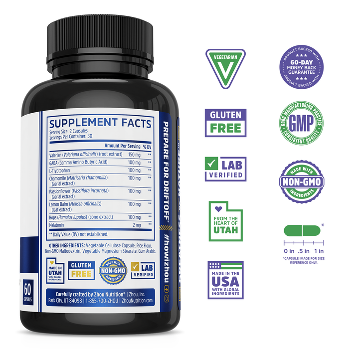 Zhou Drift Off Premium Sleep Aid with Valerian Root, Melatonin, GABA & Tryptophan, 30 Servings, 60 Veg Caps