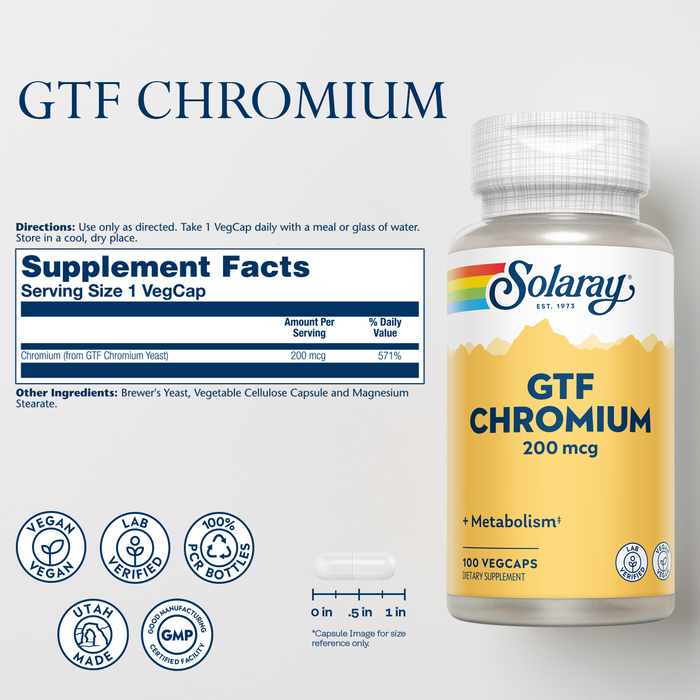 Solaray GTF Chromium 200mcg - Supports Balanced Metabolism and Energy Levels - Vegan Chromium Supplements - Lab Verified, 60-Day Guarantee - 100 Servings, 100 VegCaps