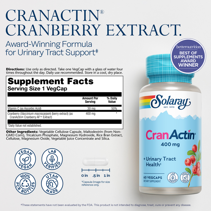 SOLARAY CranActin Cranberry Extract 400 mg - Cranberry Supplements for Women and Men - Bladder and Urinary Tract Health Support with Vitamin C - Vegan, 60-Day Guarantee, 120 Servings, 120 VegCaps