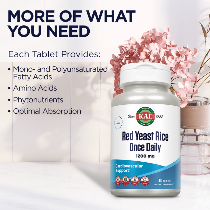 KAL Red Yeast Rice Once Daily 1200mg. Capsules With Unsaturated Fatty Acids, Amino Acids & Phytonutrients Rapid Disintegration, 60 Count