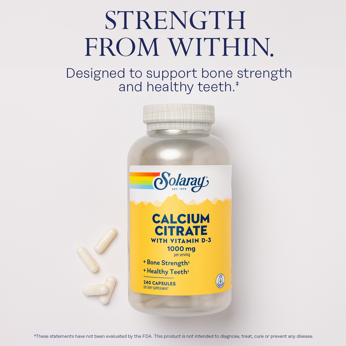 Solaray Calcium Citrate with Vitamin D3 1000mg - Bone Strength and Healthy Teeth Support - Gentle Digestion Formula - Lab Verified, 60-Day Guarantee - 60 Servings, 240 Capsules