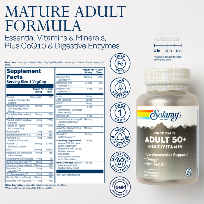 Solaray Once Daily Adult 50+ Multivitamin Healthy Energy, Heart & Immune Support for Mature Adults 90 CT