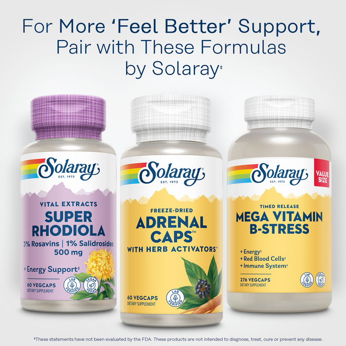 SOLARAY Adrenal Caps, Freeze-Dried - Wellness Support Adrenal Cocktail with Herb Activators Eleuthero, Gotu Kola, Licorice and Clove - Lab Verified, 60-Day Guarantee - 30 Servings, 60 VegCaps