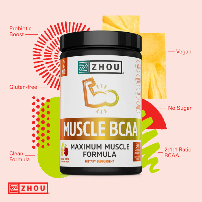 Zhou Nutrition Muscle BCAA Powder | Muscle Recovery | Optimal Absorption | 30 Servings