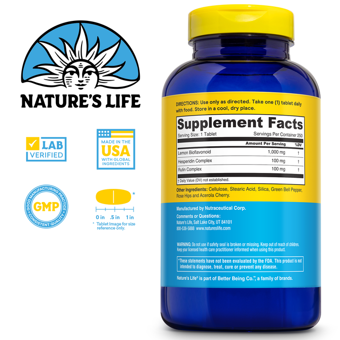 Nature's Life Lemon Bioflavonoids 1000mg - Citrus Bioflavonoids Supplement with Hesperidin and Rutin - Antioxidant and Cellular Support, Vitamin C Absorption - 60 Day Guarantee, 250 Serv, 250 Tablets