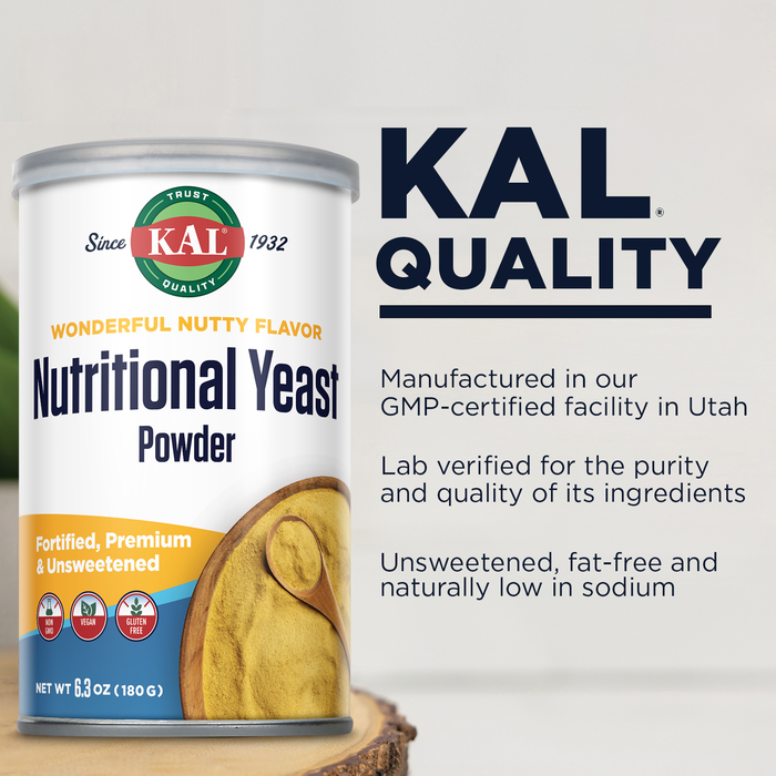 KAL Nutritional Yeast Powder, Fortified with B6, B12, Folic Acid and Other B Vitamins, Premium and Unsweetened, Great Nutty Flavor, Vegan, Gluten Free, Non-GMO, 60-Day Guarantee, 20 Servings, 6.3oz