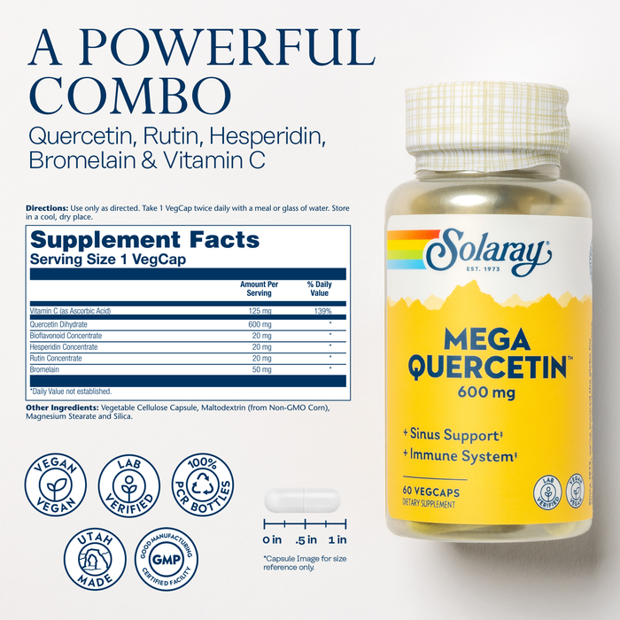 Solaray Mega Quercetin Healthy Cells, Heart, Circulatory & Respiratory System Support Bioflavonoids & AMPK Activator Non-GMO, Vegan 60 VegCaps