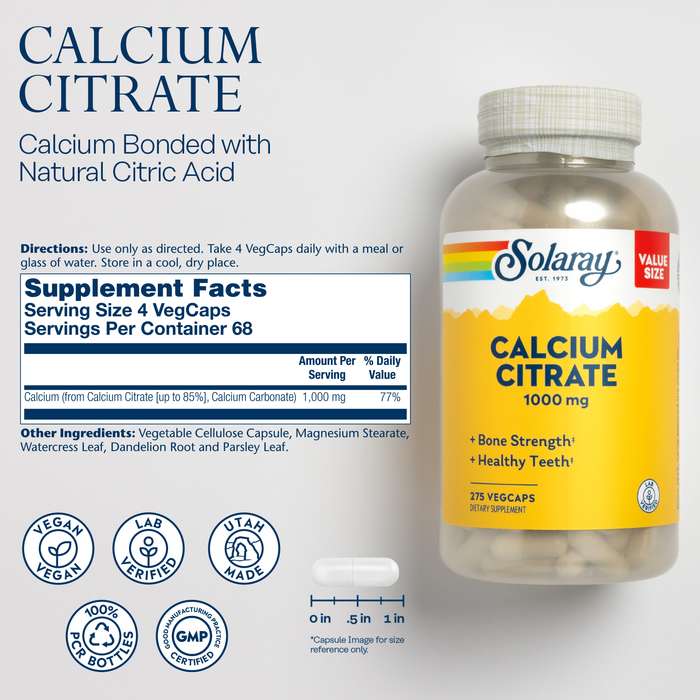 Solaray Calcium Citrate 1000mg - Chelated Calcium Supplement - Supports Bone Strength and Healthy Teeth - Easy to Digest - 60-Day Guarantee, Vegan - 60 Servings, 240 VegCaps (68 Serv, 275 Count)