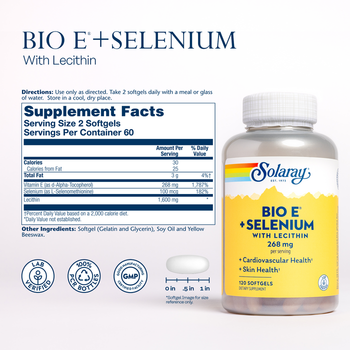 Bio Vitamin E 400 IU (268 mg) with Selenium 100 mcg and Lecithin - Thyroid Support, Antioxidant and Immune Support Supplement - High Absorption, Lab Verified, 60-Day Guarantee, 60 Serv, 120 Softgels