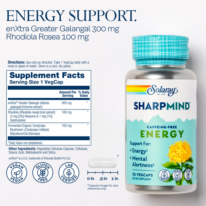 Solaray SharpMind Energy, Energy Booster for Women and Men, Nootropic  Focus Supplement, Caffeine Free Energy Pills with Rhodiola Rosea and Cordyceps, 60 Day Guarantee, 30 Servings, 30 VegCap Pills