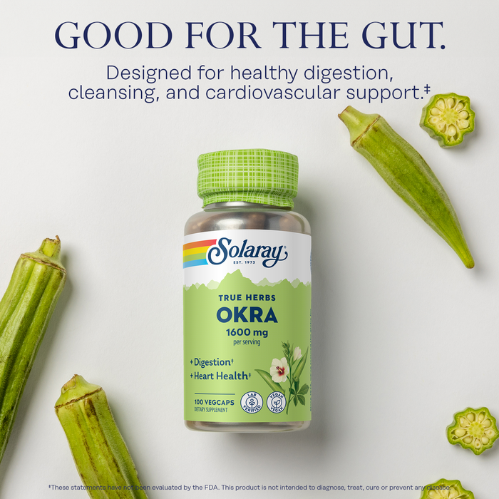 Solaray Okra Fruit 1600 mg - Healthy Digestion, Regularity and Heart Health Support Supplement - Soluble Fiber - Lab Verified, Vegan, 60-Day Guarantee - 25 Servings, 100 VegCaps