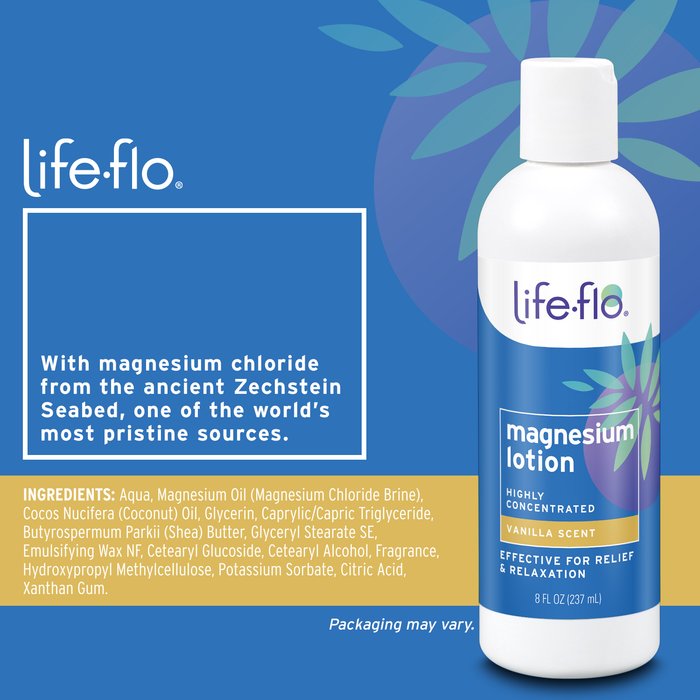 Life-flo Magnesium Lotion, Vanilla Scent - Relief and Relaxation with Magnesium Chloride from the Zechstein Seabed - Dermatologist Tested, Hypoallergenic, 60-Day Guarantee, Not Tested on Animals