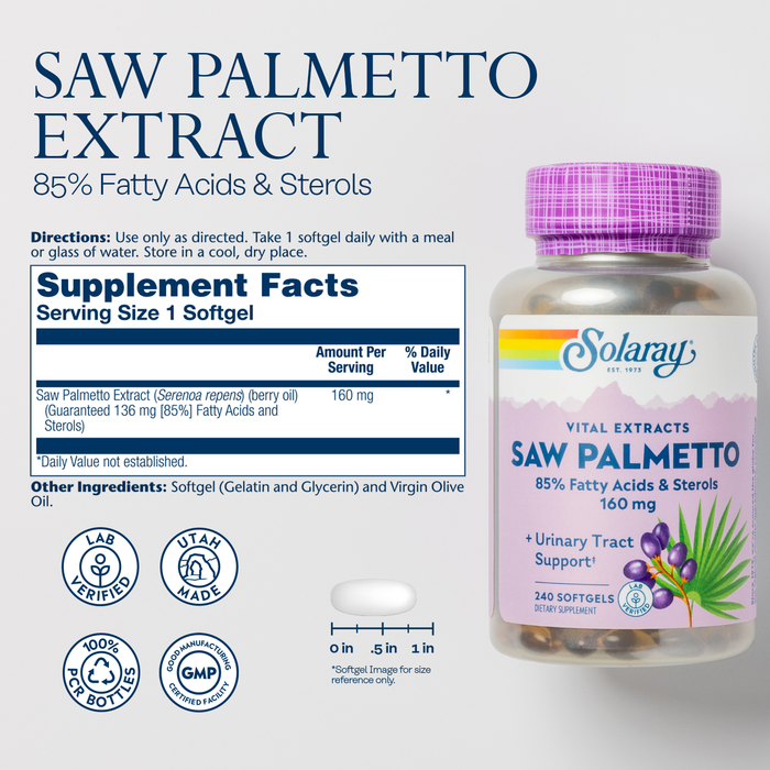 Solaray Saw Palmetto Extract - Prostate Health and Urinary Tract Support - 136 mg Fatty Acids and Sterols - Lab Verified, 60-Day Money-Back Guarantee