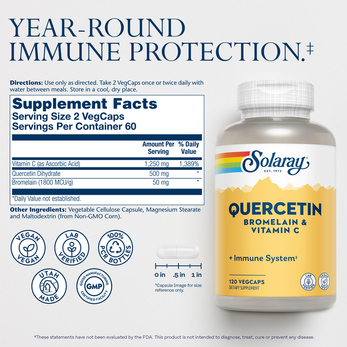 SOLARAY Quercetin with Bromelain and Vitamin C - Immune Support Supplement - Antioxidant and Heart Health Complex with Quercetin 500mg and 1235mg Vit C - Vegan, 60-Day Guarantee, 75 Serv, 150 VegCaps (120 CT, 40 Serv)