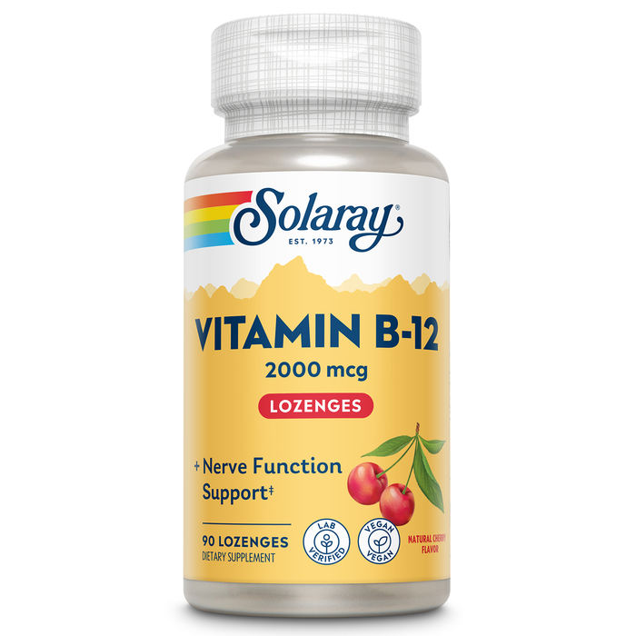 SOLARAY Vitamin B12 2000 mcg Lozenges - No Sugar, Natural Cherry Flavor Vitamin B 12 Supplement for Nerve Function, Energy and Red Blood Cell Support - Lab Verified, Vegan - 90 Servings, 90 Lozenges