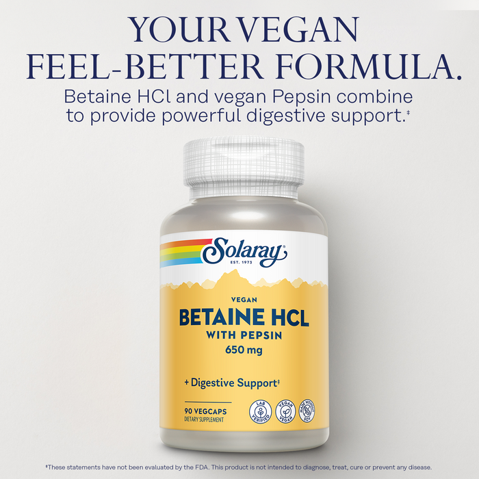 Solaray Vegan Betaine HCL with Pepsin - Hydrochloric Acid Supplement for Digestive Health - with Betaine Hydrochloride and Digestive Enzymes - Gut Health Support - 60-Day Guarantee, 90 VegCaps