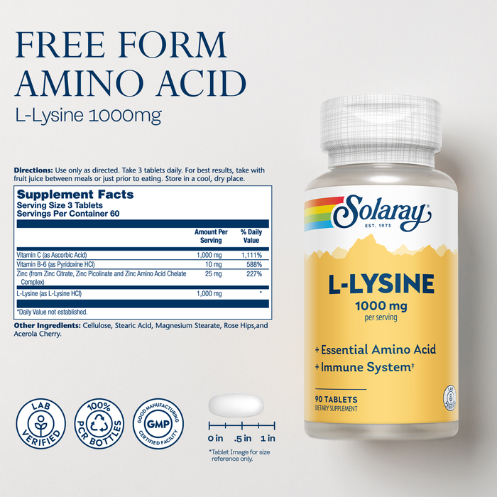 SOLARAY L Lysine - Free-Form Essential Amino Acid - Immune Support Supplement with 1000mg L-Lysine, 1000mg Vitamin C and 25mg Chelated Zinc - Lab Verified, 60-Day Guarantee, 30 Servings, 90 Tablets