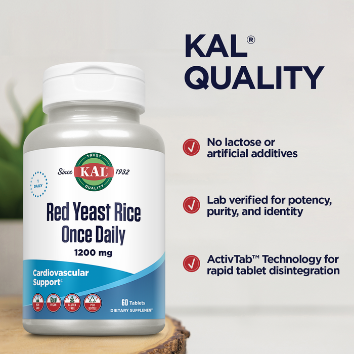 KAL Red Yeast Rice Once Daily 1200mg. Capsules With Unsaturated Fatty Acids, Amino Acids & Phytonutrients Rapid Disintegration, 60 Count