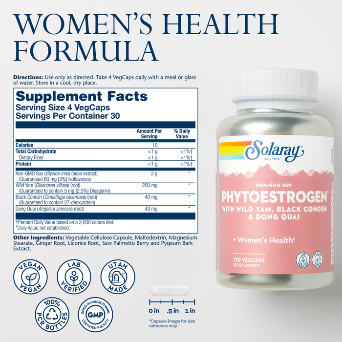 Solaray PhytoEstrogen Menopause Supplements - Wild Yam, Black Cohosh, and Dong Quai Estrogen Pills for Women's Health - Vegan, Lab Verified, 60-Day Guarantee