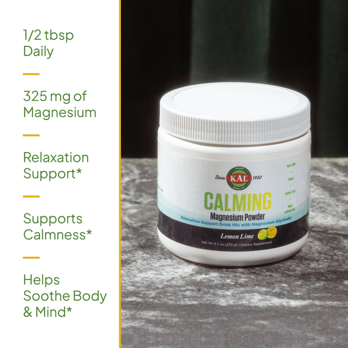 KAL Calming Magnesium Powder - Lemon Lime Flavor Magnesium Supplement - High Absorption, Relaxation Support, No Added Sugar, Vegan, Gluten Free, Made Without Soy - 40 Servings, 9.5 oz